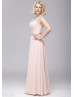 Beaded Blush Pink Chiffon Cutout Back Flowy Prom Dress